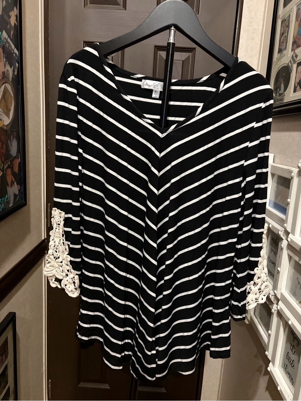 Black & White Striped V-Neck Top with Crochet Trim - Women